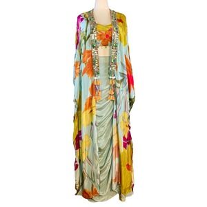 Nazila Couture sz Lg 3 pc South Asian Lehenga Silk Ruched Skirt Caftan Dupatta